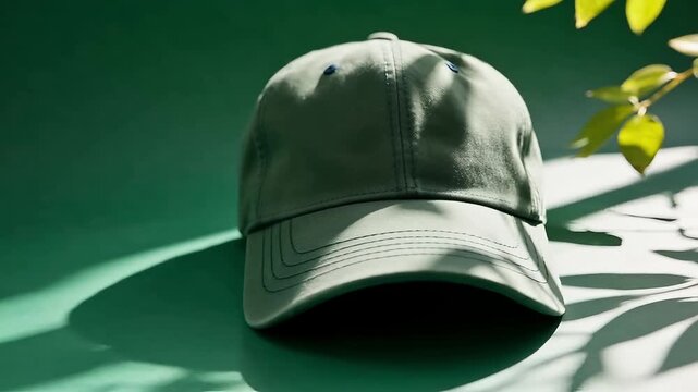 Close-up of a plain plain mint green baseball cap lying on a green surface on a sunny day