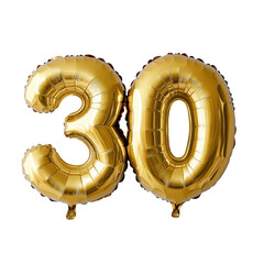 Golden foil balloons spelling '30' float against a dark background