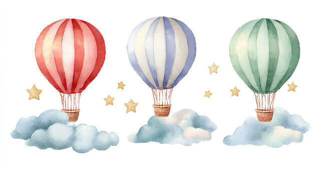 Watercolor hot air balloons illustration. Cute hand painted set with striped balloons, clouds and stars, perfect for nursery decor, baby shower invitations, kids posters and party design.