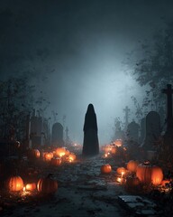 Scary ghost or witch with pumpkins in cemetery, Halloween concept