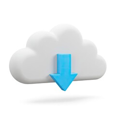 Obraz premium A clean 3D render of a white fluffy cloud with a bright blue downward pointing arrow indicating a data download or cloud storage concept on a pure