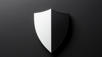Minimalistic cybersecurity concept with a shield icon on a clean white and black matte background symbolizing protection security and digital safety representing modern technology and online defense