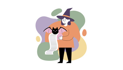 Cartoon witch holding a cute bat and a long checklist against a pastel abstract background for Halloween