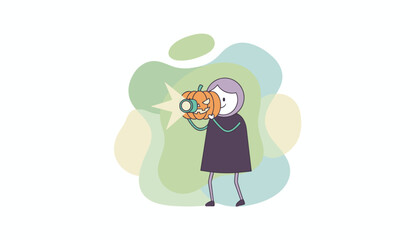 Happy character uses a pumpkin camera capturing festive moments Halloween fun creativity