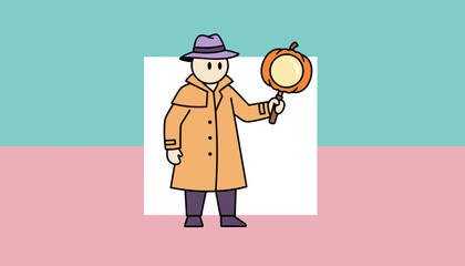 Playful cartoon detective with a pumpkin magnifying glass for autumn mystery and search concepts