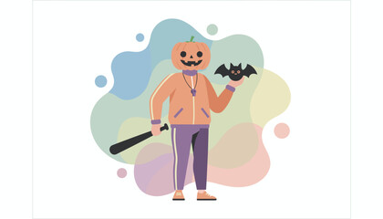 Pumpkinheaded character in tracksuit with bat and small bat for Halloween celebration