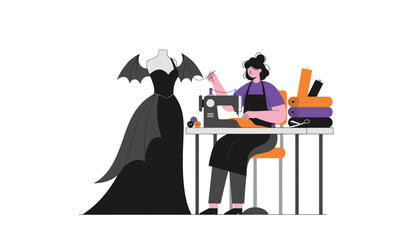 Woman sewing a unique batwing dress showcasing fashion design creativity and custom costume making