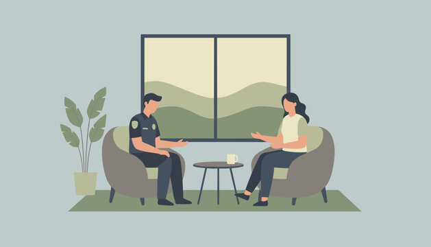 Police officer and woman conversing in a modern room depicting community support or consultation
