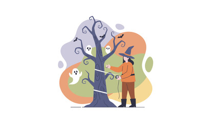 Witch measuring a spooky tree adorned with ghosts and bats for Halloween preparations