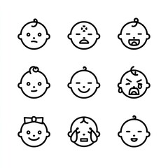 Set Of Nine Baby Faces Showing Different Emotions In Simple Black Outline Style On White Background