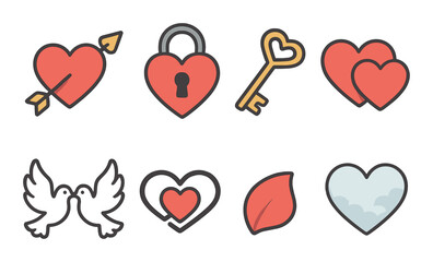 Heart and love symbols: arrows, locks, keys, doves, and leaves in romantic icon set