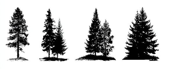 Silhouette Line Art Of Four Pine Trees On White Background