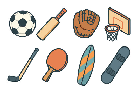 Collection of iconic sports equipment: soccer, cricket, basketball, hockey, table tennis, surf, snowboard