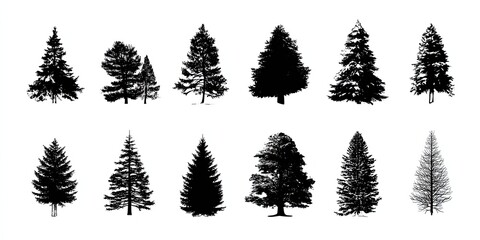 Silhouette Trees Array In White Background Monochrome Illustration Isolated Trees Representing Evergreen Coniferous Forest Design Element Minimalist Pixelated
