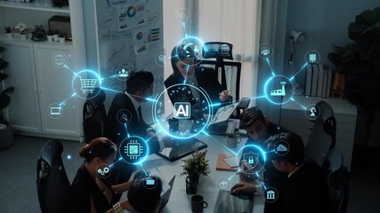 A diverse team collaborates in a modern office on an artificial intelligence project. Digital icons represent technology and innovation, highlighting the future of work. Raster - Powered by Adobe