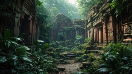 Ancient ruins shrouded in lush jungle