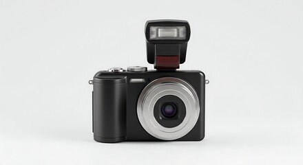A retro-style compact digital camera with a hot shoe flashgun isolated on a clean white background