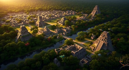 Aerial view of ancient city with towering pyramids and lush green forest