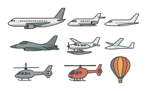 Illustrated aircraft collection: planes, helicopters, hot air balloon