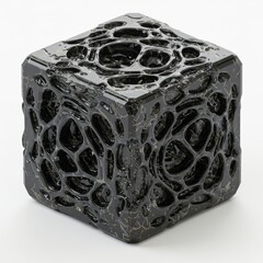 Intricate black cube with organic porous texture and scattered gold flecks rendered in a 3D style with a bright studio light casting subtle shadows