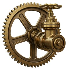 Intricate Brass Steampunk Mechanical Gear with Valve Assembly Isolated on a White Background showcasing industrial revolution elements and vintage