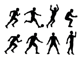 Silhouettes of male athletes performing various sports actions on dark background