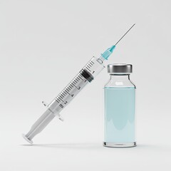 Medical Syringe with Needle and Transparent Glass Vial Containing Light Blue Liquid on a Clean White Background with Soft Studio Lighting Perfect for