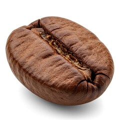 Macro photograph of a single roasted coffee bean exhibiting a rich brown color with visible texture and a deep central crevice isolated on a clean