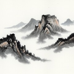 Majestic ancient mountain range shrouded in ethereal mist and fog with a traditional ink wash painting style evoking a sense of serenity and profound