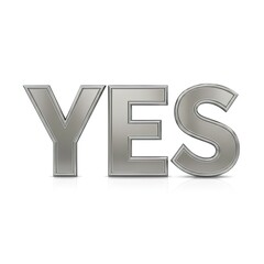 Metallic 3D Text Rendering of the Word YES with a Textured Surface and Subtle Reflection on a Clean White Background Symbolizing Agreement