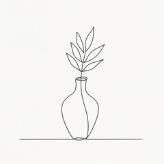 Minimalist single line drawing of a delicate plant stem with slender leaves emerging from a simple vase positioned on a clean horizontal line against