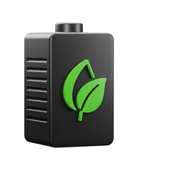 Modern 3D render of a sleek black battery icon with a vibrant green leaf symbol prominently displayed on its surface signifying eco-friendly energy