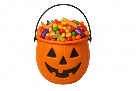 Jack-o'-lantern bucket filled to the brim with assorted halloween candy, ready for trick-or-treating fun. Transparent background