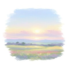 Pastel Hues of a Serene Meadow Sunrise Painting Capturing the Gentle Light of Dawn Over Rolling Hills with Soft Pink and Blue Clouds and a Glimmering