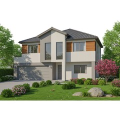 Modern Two-Story Family Residence with Attached Garage and Lush Green Landscaping Featuring a Variety of Colorful Flowering Bushes and Mature Trees