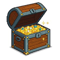 Pixel Art Treasure Chest Overflowing with Golden Coins and Blue Gems Featuring a Rustic Wooden Texture and Metallic Accents with Sparkling Highlights