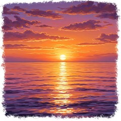 Pixel Art Sunset Over Calm Ocean with Fiery Orange and Purple Clouds Reflecting Golden Sunlight on Rippling Water Surface Creating a Serene and
