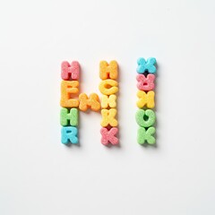 Playful Arrangement of Colorful Breakfast Cereal Letters Spelling Out 'HI' on a Clean White Background a Fun and Engaging Visual for Childrens
