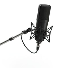 Professional black condenser microphone with shock mount and stand arm positioned for recording audio in a studio environment with a clean white
