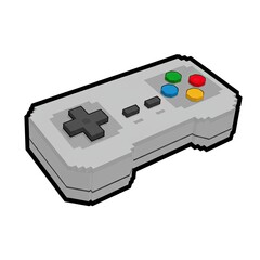 Retro pixel art video game controller in light gray with colorful buttons red green blue yellow and a dark gray directional pad and buttons on a