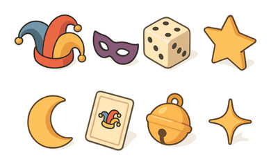 Colorful carnival icons featuring jester hat mask dice star moon card bell sparkle