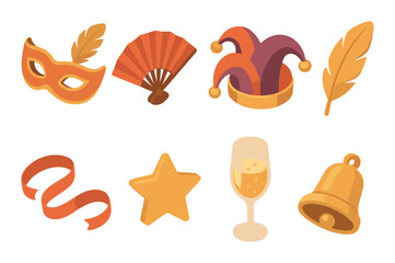 Festive carnival icons with mask, fan, jester hat, feather, ribbon, star, champagne glass, and bell
