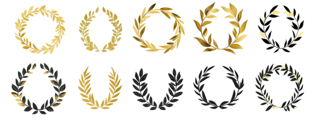 Ten leafy laurel wreaths in gold and black variations