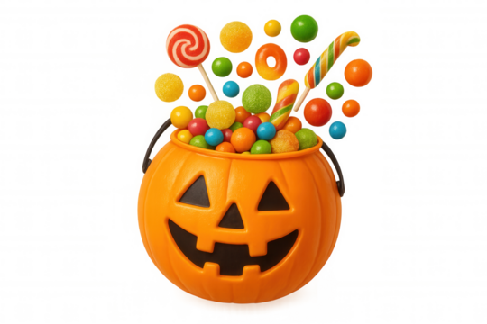 Halloween jack-o’-lantern treat bucket overflowing with colorful candy, sweets, and lollipops, celebrating trick or treat