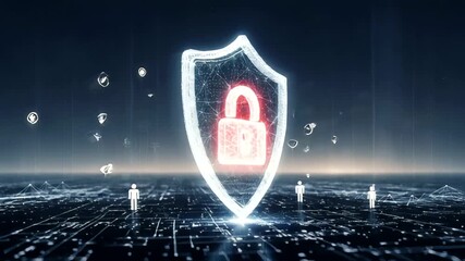 Digital security concept with a shield and padlock amidst technology icons - Powered by Adobe