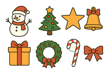 Festive christmas icons including snowman, tree, star, bell, gift, wreath, candy cane, bow