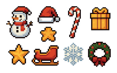 Pixel art christmas icons: snowman, santa hat, candy cane, gift, star, sleigh, snowflake, wreath