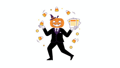 Halloween businessman with a pumpkin head juggling candy money and business papers