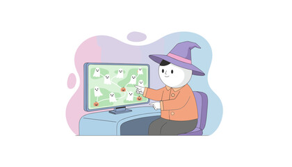 Witch character pointing at a digital map of ghosts and pumpkins on a computer screen Halloween fun