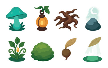 Magical nature icons: glowing mushrooms, mystic lanterns, enchanted plants, celestial stones